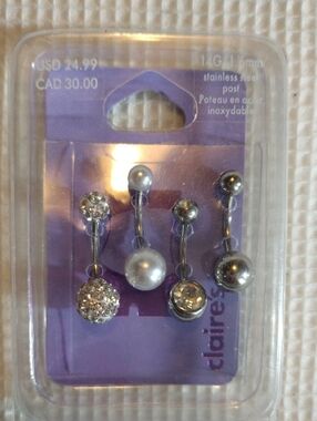 Claire's Silver Crystal & Pearl Belly Ring Set - Clear and Silver